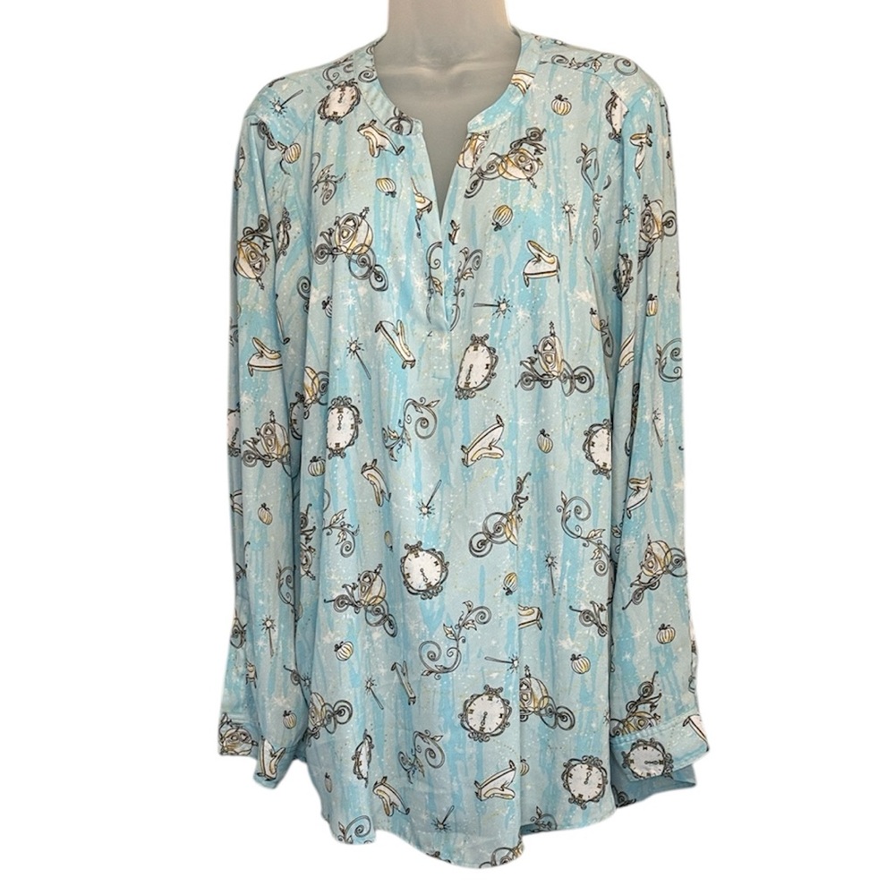 Disney Princess Cinderella Blue Torrid Women Shirt Blouse top spilt neck sleeves